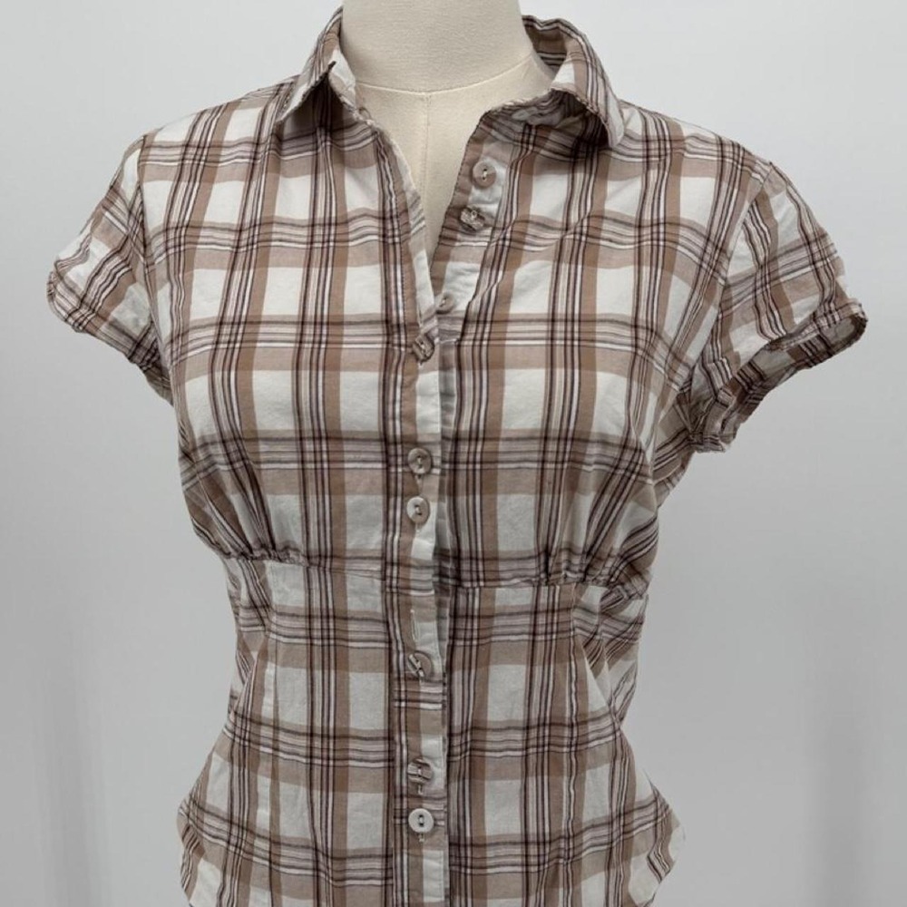 Womens Brown White Plaid Button Up Blouse Ruched Sides Short Sleeve Top